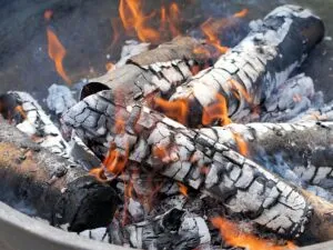 Hořící dřevěné polena s popelovými vrstvami v ohništi.