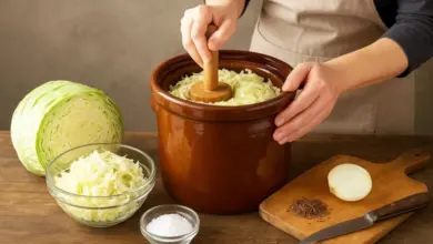 Lidé tlačí nakrájené zelí do hrnce pro kvašení s solí.