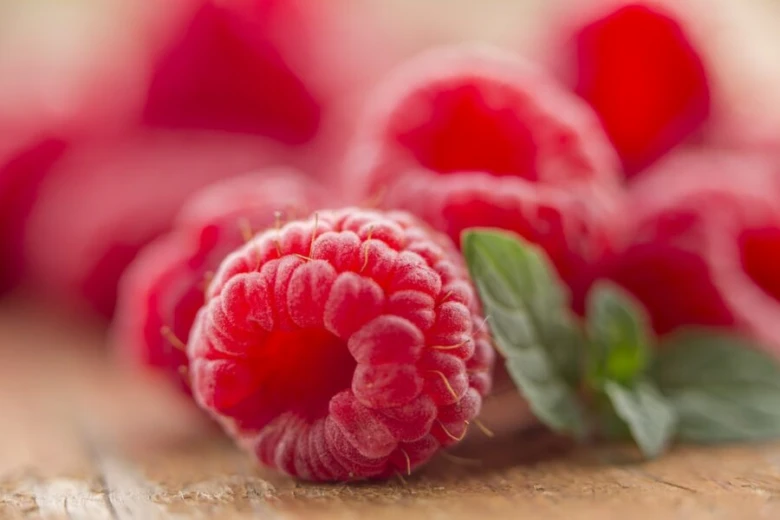 Raspberries with mint leaves