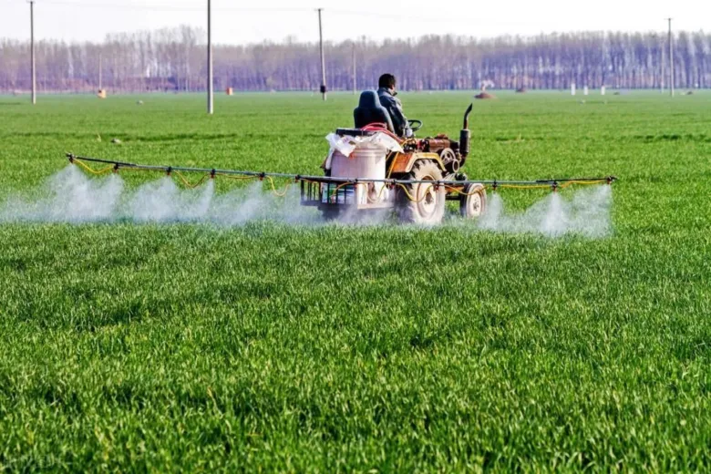 Traktor rozstřikuje hnojivo na zelené plodiny v poli.