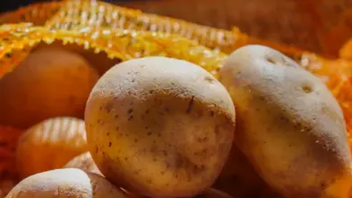 Čerstvé brambory v oranžovém síťovaném pytlíku.
