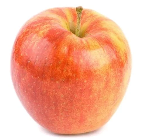 Jedno červené jablko odrůdy Red Prince na bílém pozadí.