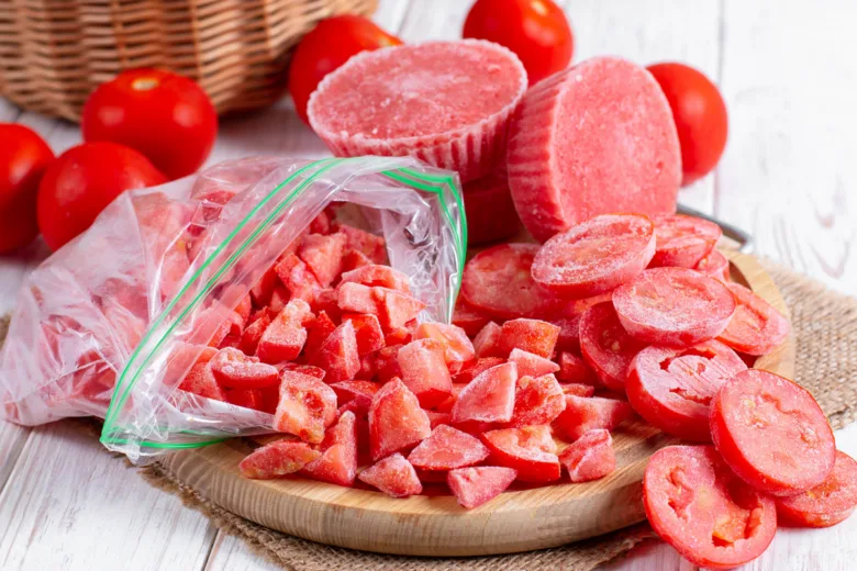 Mražená rajčata v sáčku i nakrájená na talíři.