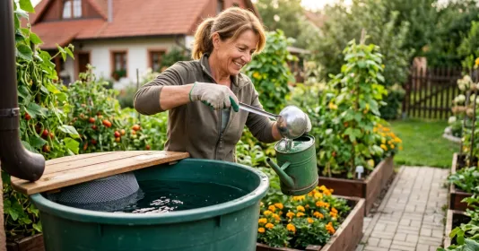 Žena zalévá rostliny v zahradě s hrncem na záhonu.