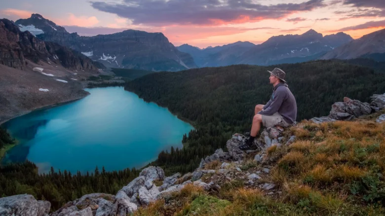 Turist sedí na skále s výhledem na jezero a horu.