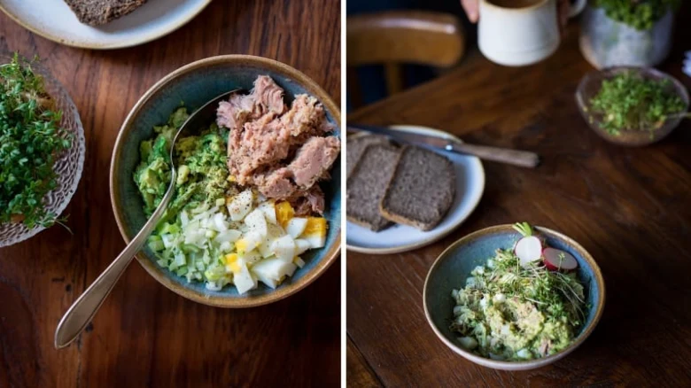 Avocado bowl with tuna and egg