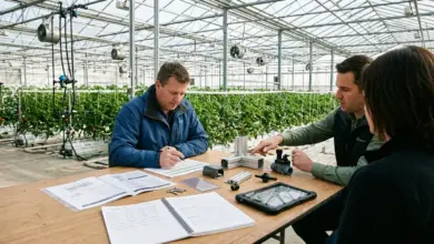 Tři lidé v skleníku připravují hydroponické řešení s dokumentací.
