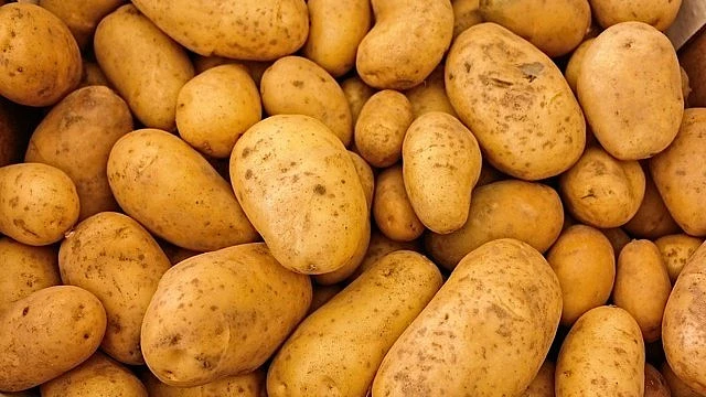 Hromada čerstvých žlutých brambor bez kůže.