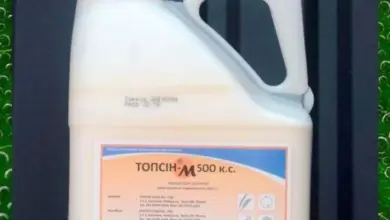 Fungicid Topsin M v bílé lahvi s etiketou pro ochranu rostlin.