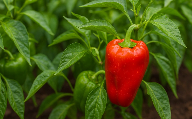 Červená sladká paprika rostoucí na keři s listy.