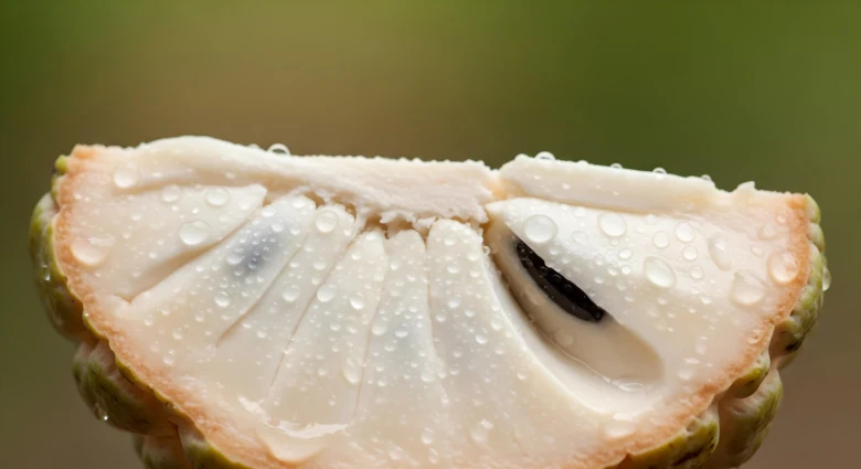 Kousek plodu soursopu se semínky a kapkami vody na řezu.
