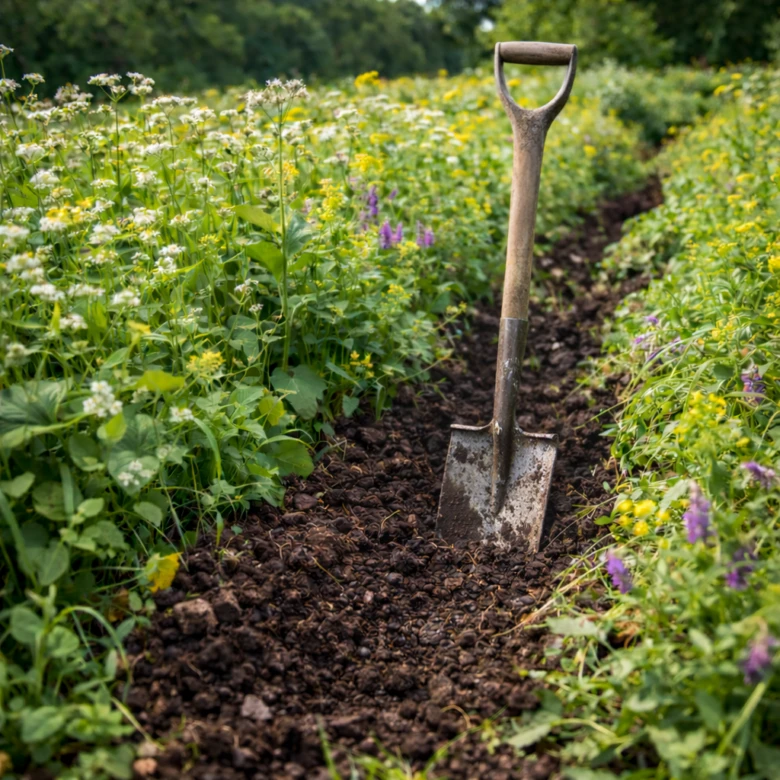 Shovel in garden bed