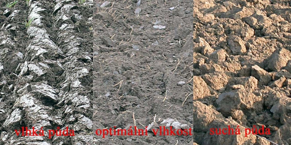 Porovnání vlhkosti půdy v řádku po orbě pro správnou hloubku.