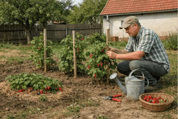 Muž sbírá červené bobule ze stinného ovocného keře v zahradě.